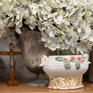 White Ceramic Floral Planter with Pink Flowers Capodimonte Style